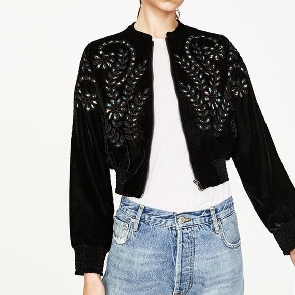 ZARA Velvet Eyelet Cut Out Bomber Jacket Size Small - Picture 2 of 9